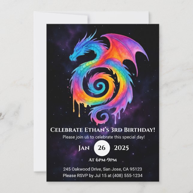 Invitación de cumpleaños del dragón espiral arcoír (Anverso)