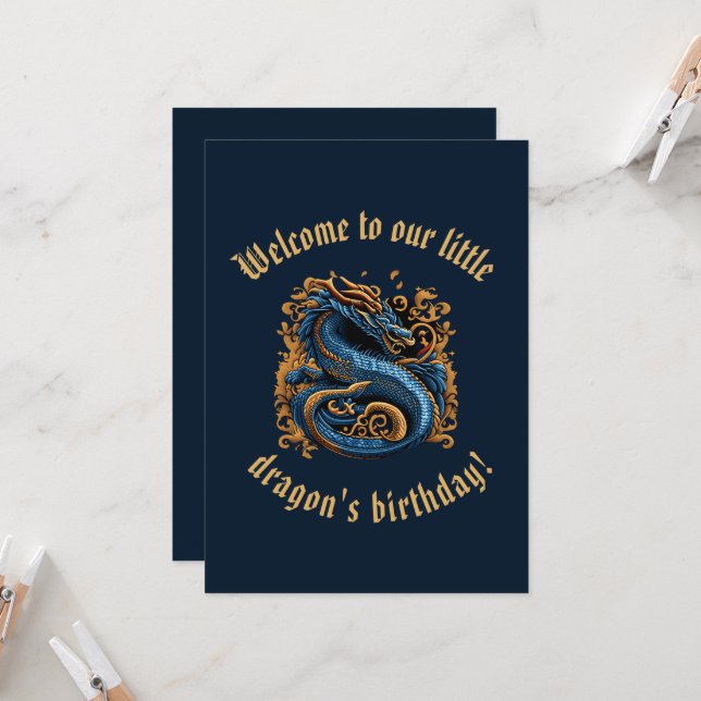 Invitación de cumpleaños del Dragón Medieval Azul  (Anverso/Reverso In Situ)