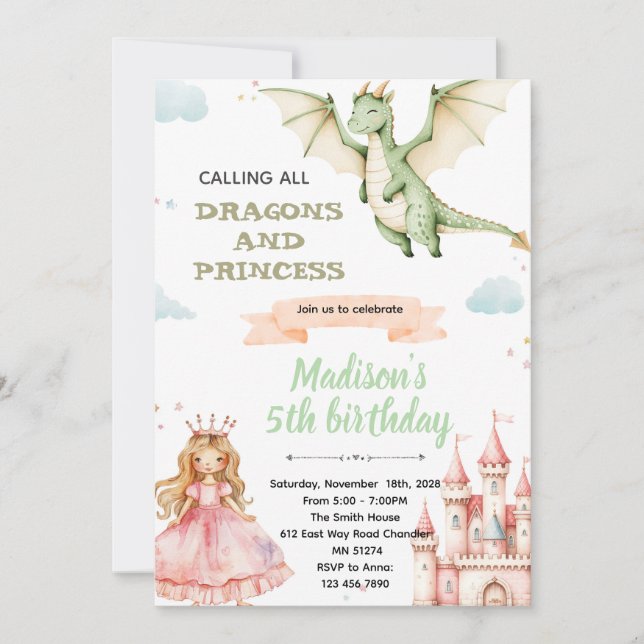 Invitación de cumpleaños del dragón y la princesa (Anverso)