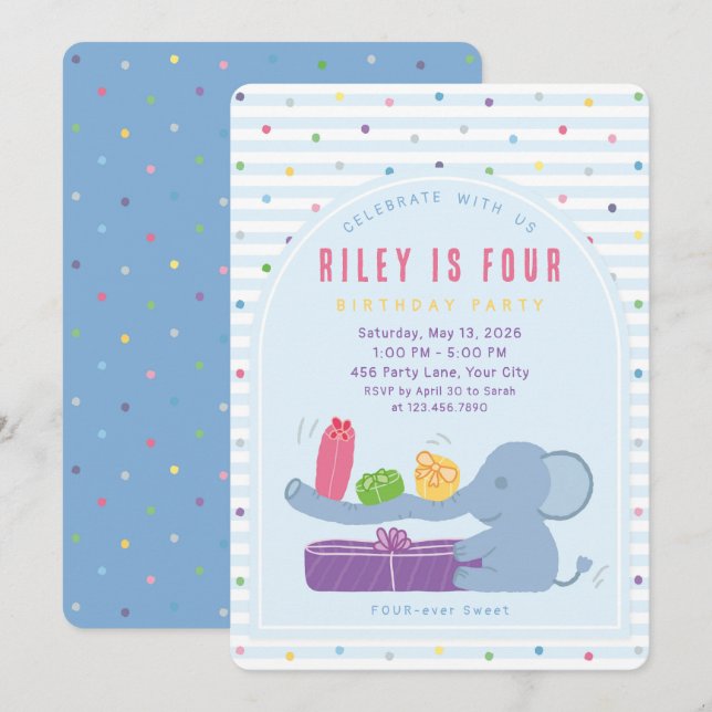 Invitación de cumpleaños del elefante de nariz lar (Anverso / Reverso)