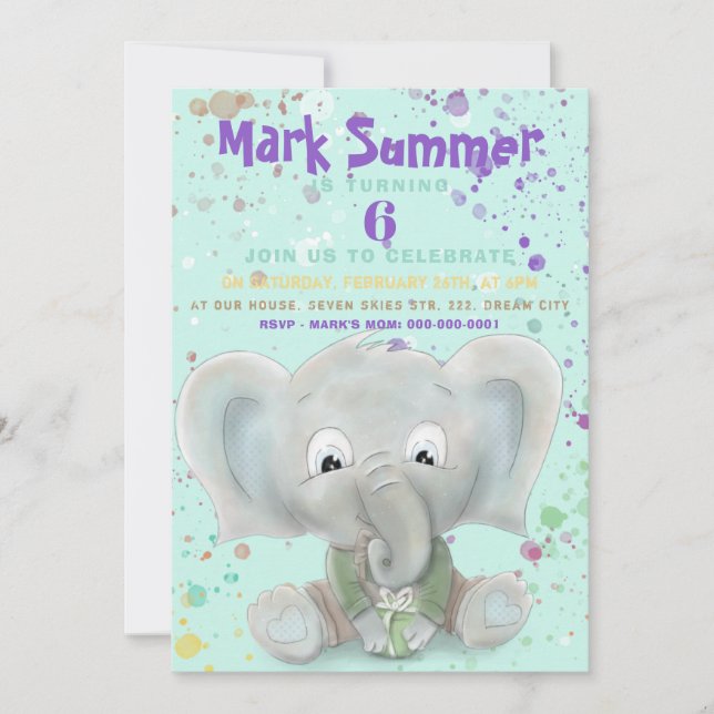 Invitación de cumpleaños del elefante lindo bebé (Anverso)