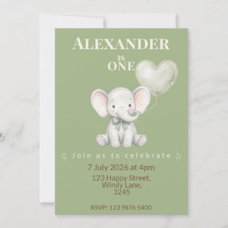 Invitación de cumpleaños del elefante verde salvia
