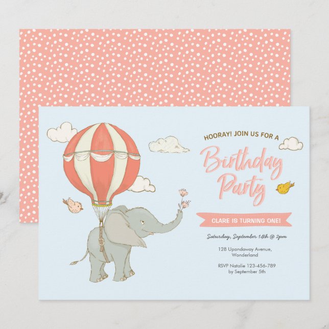 Invitación de cumpleaños del Elephant Hot Air Ball (Anverso / Reverso)