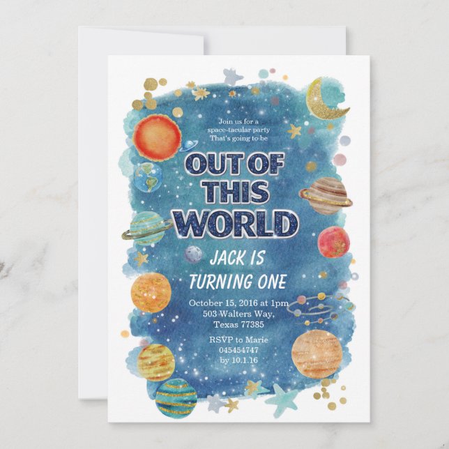 Invitación de cumpleaños del espacio azul Galaxia (Anverso)