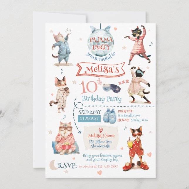 Invitación de cumpleaños del Fiesta Cat Pajama (Anverso)