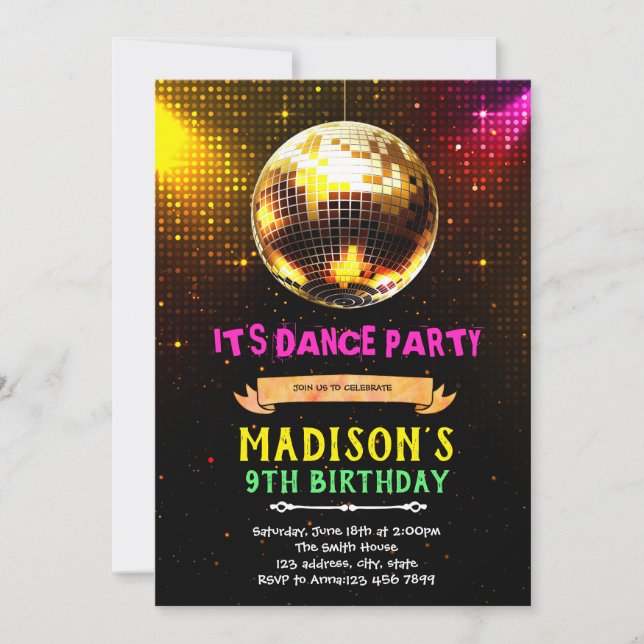 Invitación de cumpleaños del fiesta de baile disco (Anverso)