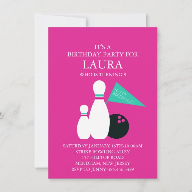 Invitación de cumpleaños del Fiesta de boliche par (Anverso)