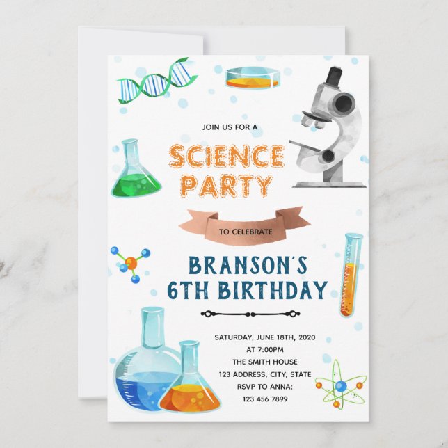 Invitación de cumpleaños del fiesta de ciencia cut (Anverso)