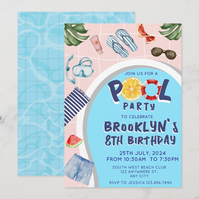 Invitación de cumpleaños del Fiesta de Guay Pool (Anverso / Reverso)