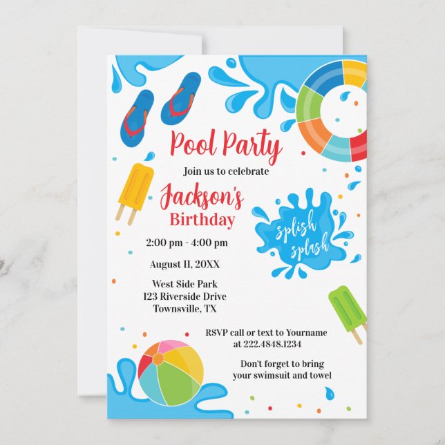 Invitación de cumpleaños del Fiesta de la piscina (Anverso)