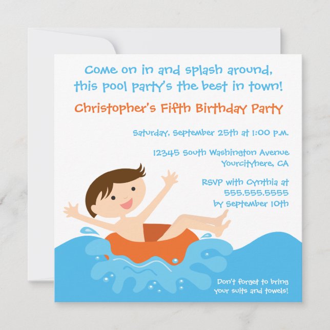 Invitación de cumpleaños del fiesta de la piscina  (Anverso)