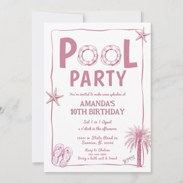 Invitación de cumpleaños del Fiesta de la piscina  (Anverso)