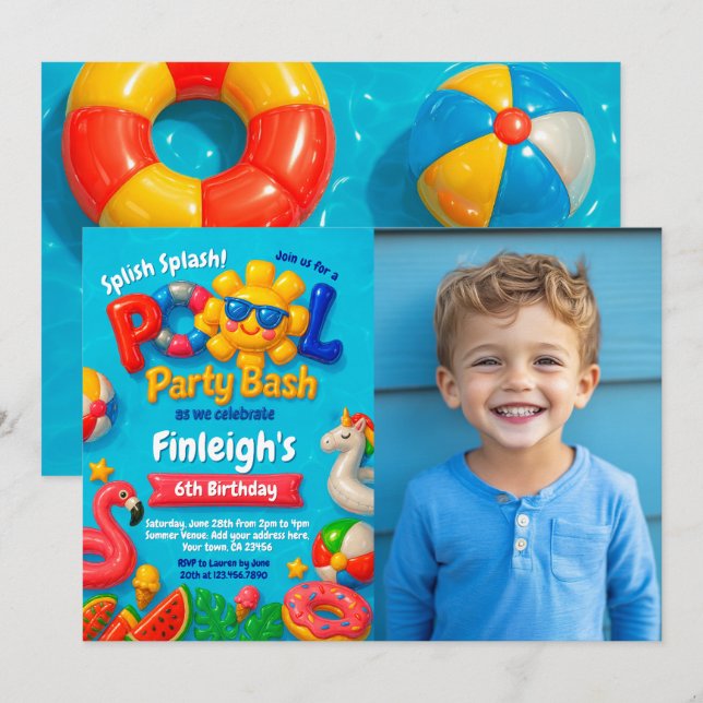 Invitación de cumpleaños del Fiesta de la piscina (Anverso / Reverso)