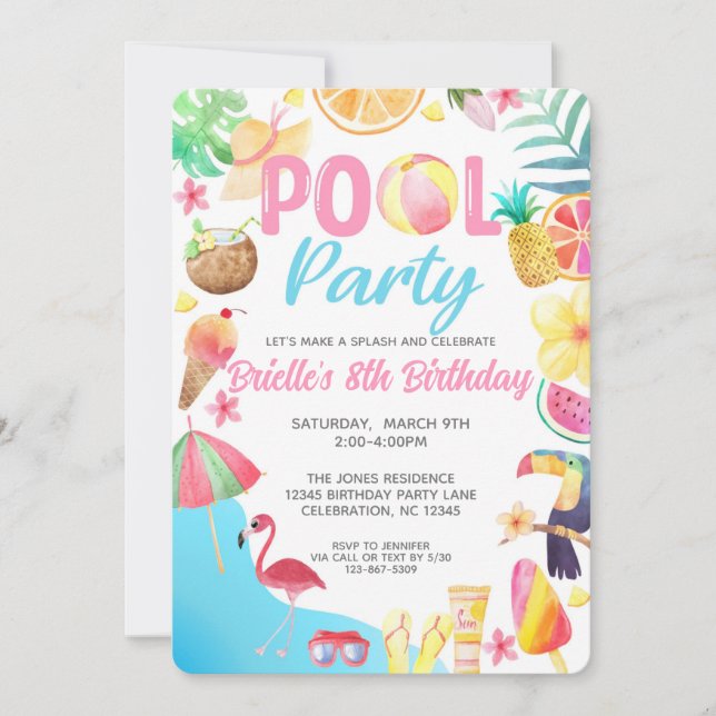 Invitación de cumpleaños del Fiesta de la piscina  (Anverso)