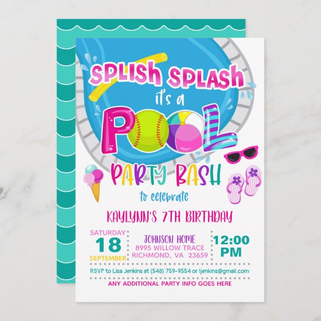 Invitación de cumpleaños del Fiesta de la piscina  (Anverso / Reverso)