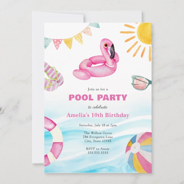 Invitación de cumpleaños del Fiesta de la piscina (Anverso)