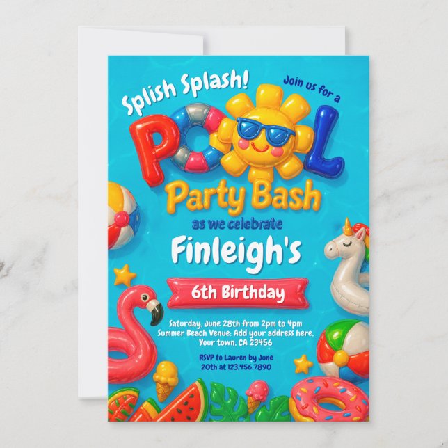 Invitación de cumpleaños del Fiesta de la piscina (Anverso)