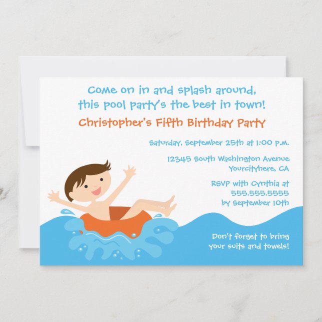Invitación de cumpleaños del fiesta de la piscina  (Anverso)