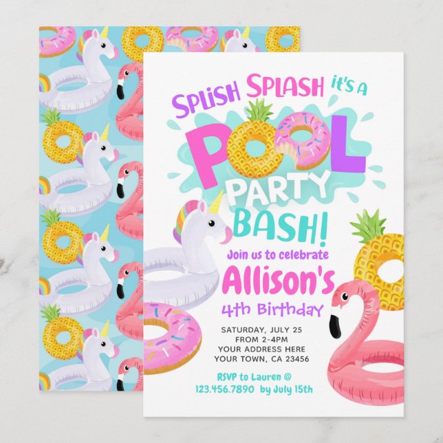 Invitación de cumpleaños del Fiesta de la piscina (Anverso / Reverso)