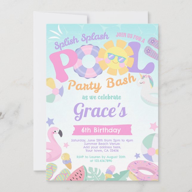 Invitación de cumpleaños del Fiesta de la piscina (Anverso)