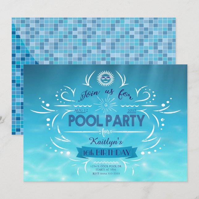 Invitación de cumpleaños del Fiesta de la piscina (Anverso / Reverso)