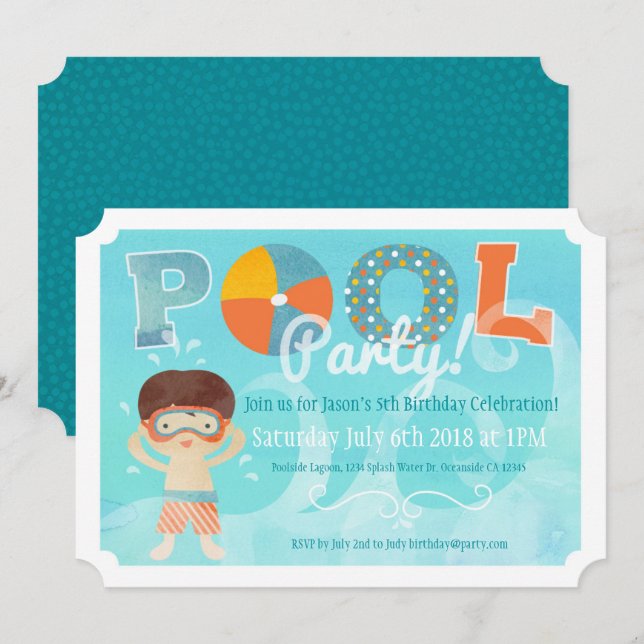 Invitación de cumpleaños del Fiesta de la piscina (Anverso / Reverso)