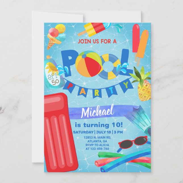 Invitación de cumpleaños del fiesta de la piscina, (Anverso)