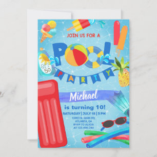 Invitación de cumpleaños del fiesta de la piscina,