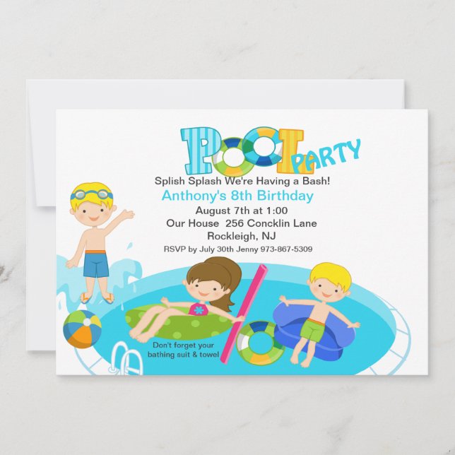 Invitación de cumpleaños del Fiesta de la piscina  (Anverso)