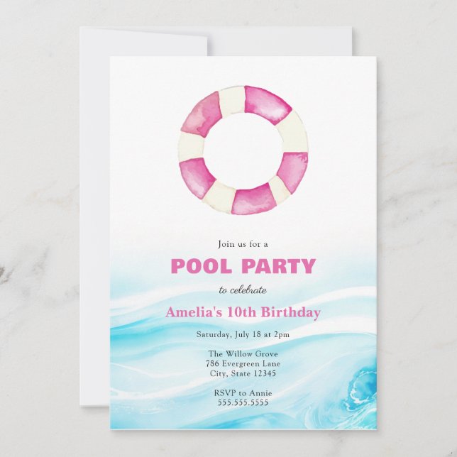 Invitación de cumpleaños del Fiesta de la piscina (Anverso)