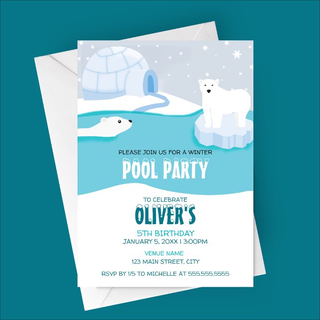 Invitación de cumpleaños del Fiesta de la Piscina  (Polar Bear Pool Party Winter Birthday Invitation)