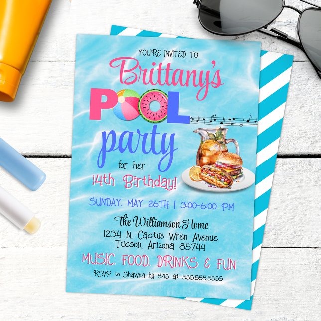 Invitación de cumpleaños del Fiesta de la piscina  (Backyard Barbeque Birthday Pool Party Invitation with Tropical aesthetics and sweet tea)