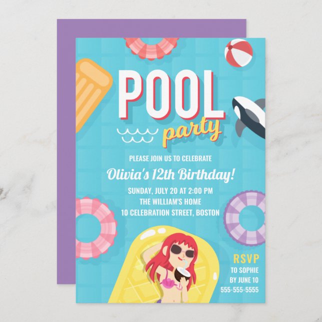 Invitación de cumpleaños del Fiesta de la piscina  (Anverso / Reverso)