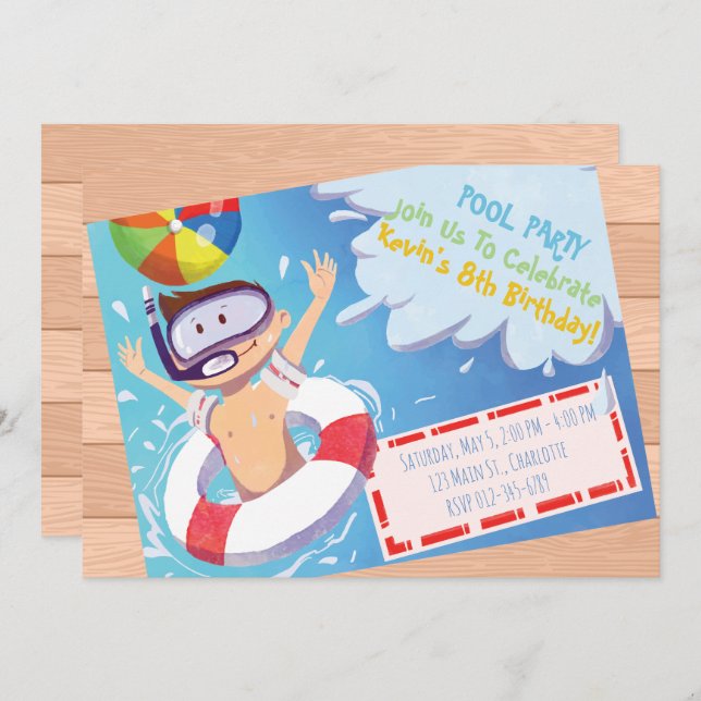 Invitación de cumpleaños del Fiesta de la piscina  (Anverso / Reverso)