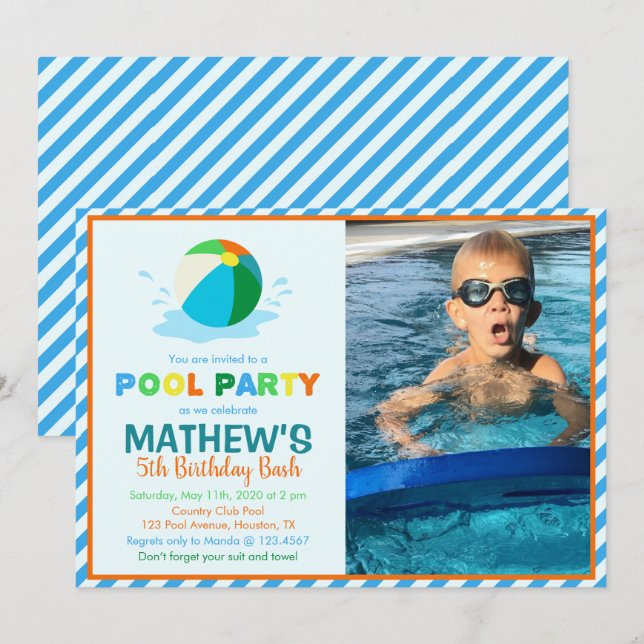 Invitación de cumpleaños del Fiesta de la piscina (Anverso / Reverso)