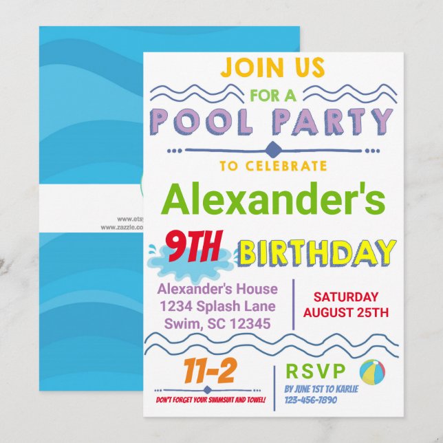 Invitación de cumpleaños del Fiesta de la piscina (Anverso / Reverso)
