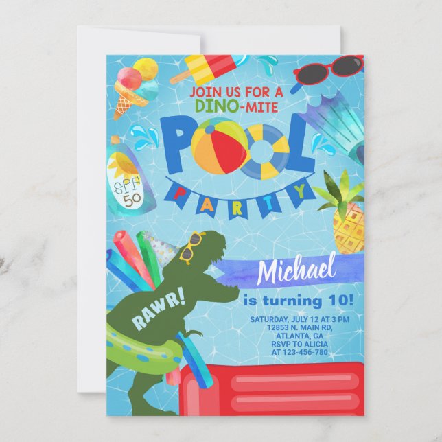 Invitación de cumpleaños del fiesta de la piscina, (Anverso)