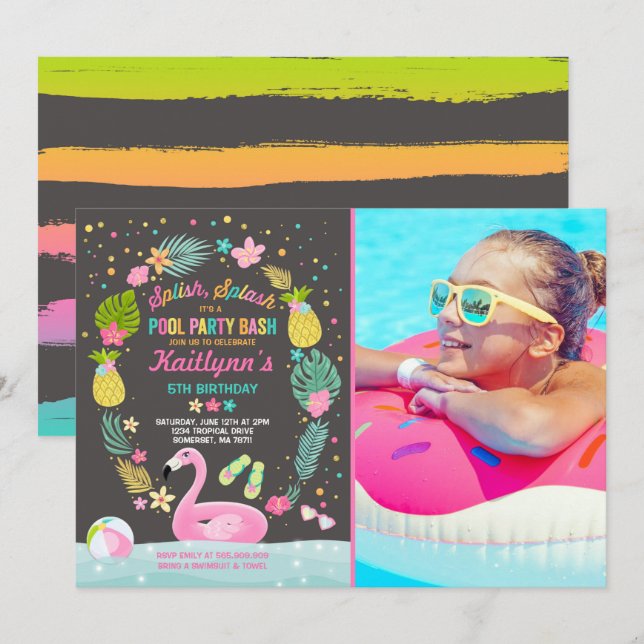 Invitación de cumpleaños del Fiesta de la piscina  (Anverso / Reverso)