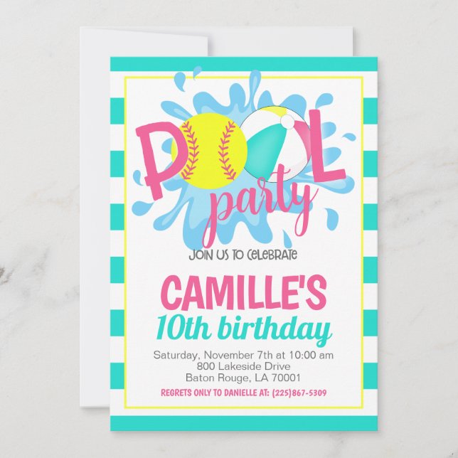 Invitación de cumpleaños del Fiesta de la piscina  (Anverso)