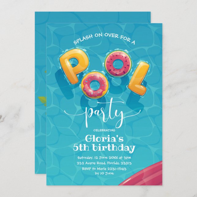 Invitación de cumpleaños del Fiesta de la piscina (Anverso / Reverso)