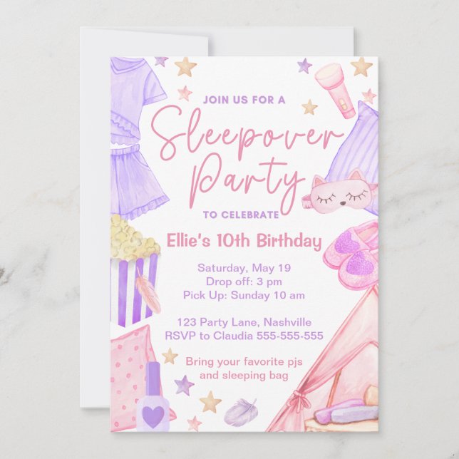 Invitación de cumpleaños del Fiesta de la Sleepove (Anverso)