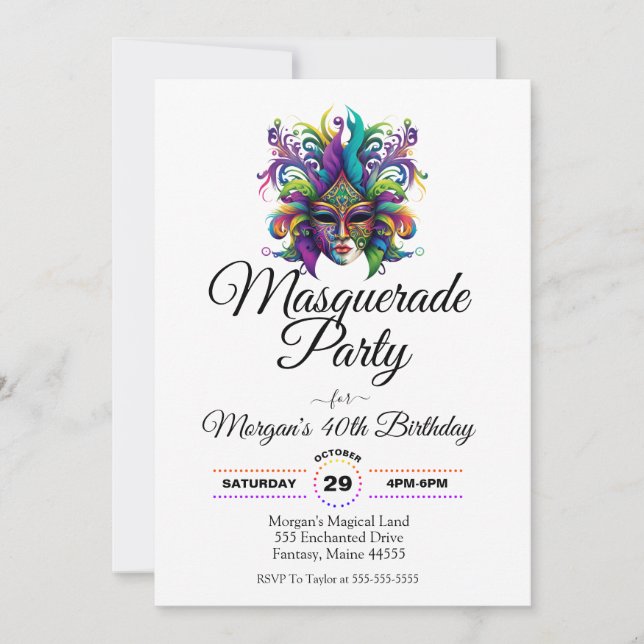 Invitación de cumpleaños del fiesta de máscara de  (Anverso)