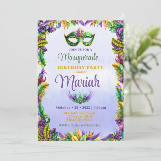 Invitación de cumpleaños del Fiesta de Masquerade (Anverso de pie)