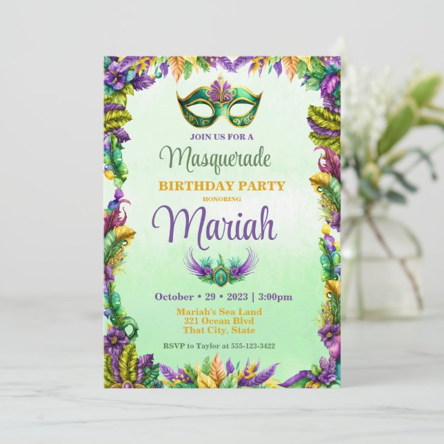 Invitación de cumpleaños del Fiesta de Masquerade (Anverso de pie)