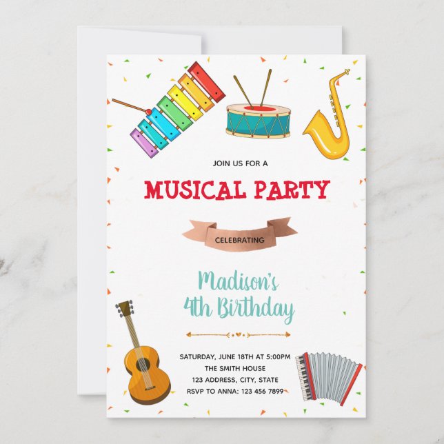 Invitación de cumpleaños del fiesta de música (Anverso)