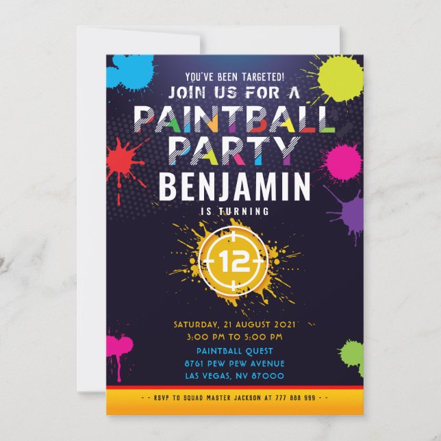 Invitación de cumpleaños del Fiesta de Paintball (Anverso)