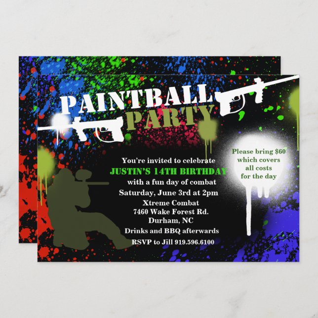 Invitación de cumpleaños del Fiesta de Paintball (Anverso / Reverso)