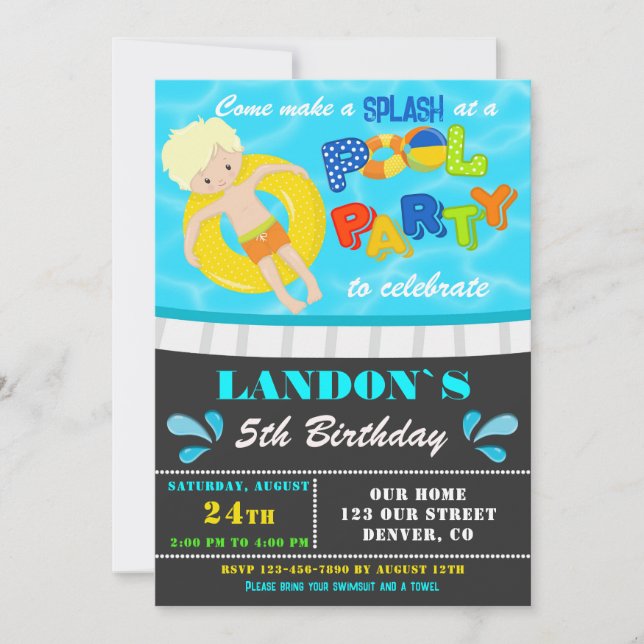 Invitación de cumpleaños del fiesta de piscina Inv (Anverso)