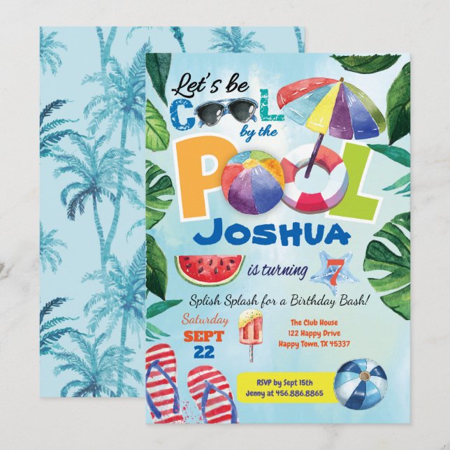 Invitación de cumpleaños del fiesta de piscina par (Anverso / Reverso)