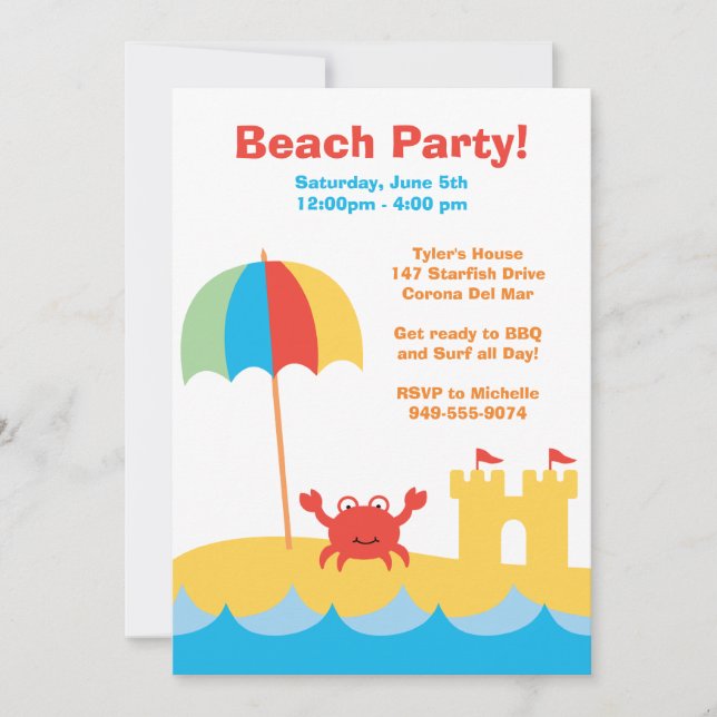 Invitación de cumpleaños del Fiesta de playa (Anverso)